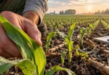 Chicharrita del maíz: bajan las poblaciones, aunque NOA y NEA siguen por encima de 2025 Monitoreo de chicharrita del maíz sobre plantas recién emergidas, con trampas utilizadas para seguir la presencia de Dalbulus maidis en el lote.