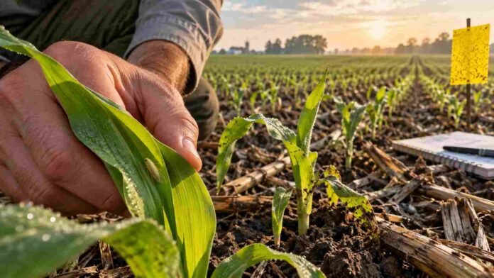 monitoreo-chicharrita-maiz-cultivo-emergente-ruralnet Monitoreo de chicharrita del maíz sobre plantas recién emergidas, con trampas utilizadas para seguir la presencia de Dalbulus maidis en el lote.