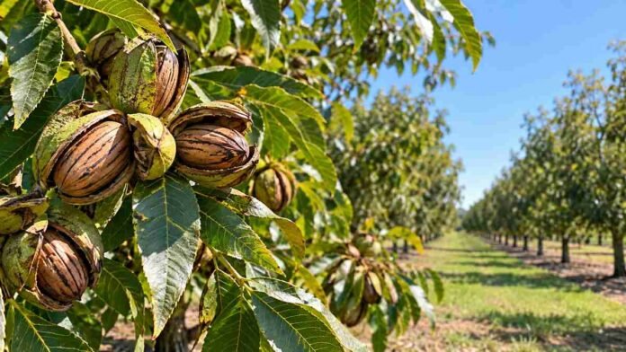 pecan-variedades-aptitud-agroclimatica-ruralnet Frutos de pecán maduros en una plantación, en el marco de estudios sobre variedades y aptitud agroclimática en distintas regiones de Argentina.