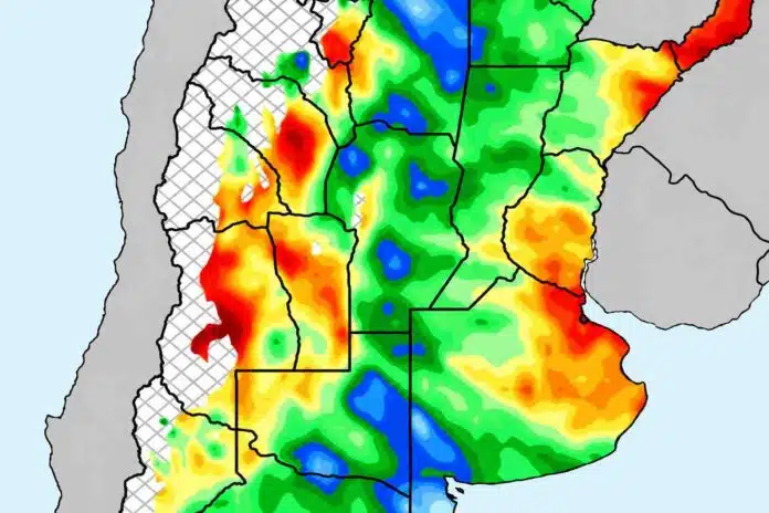 Mapa del INTA con el pronóstico de precipitación acumulada en Argentina y distribución estimada de lluvias por regiones.