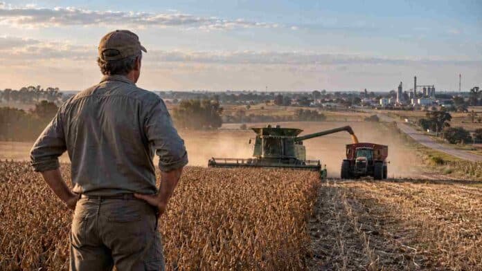 productor-cosecha-campo-ruralnet Productor observa la cosecha en un campo argentino, con cosechadora y tractor trabajando al atardecer.