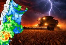 Pronóstico de lluvias hasta el 26 de octubre: dónde se esperan los mayores acumulados Mapa de pronóstico de lluvias en Argentina junto a una cosechadora trabajando en un campo agrícola bajo un cielo de tormenta con relámpagos