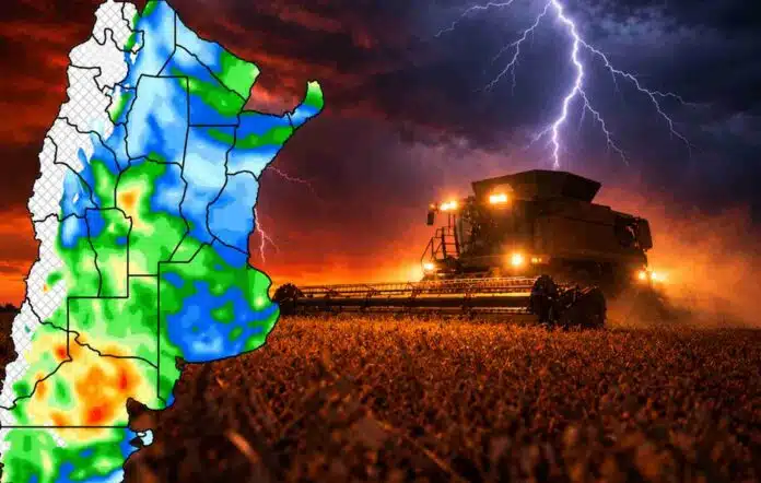 Mapa de pronóstico de lluvias en Argentina junto a una cosechadora trabajando en un campo agrícola bajo un cielo de tormenta con relámpagos