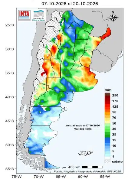 Pronóstico de lluvias acumuladas en Argentina entre el 7 y el 20 de octubre de 2026, según INTA.