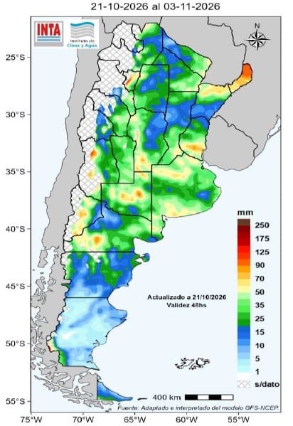 Mapa del INTA con el pronóstico de lluvias acumuladas en Argentina hasta comienzos de noviembre de 2026. Se observan precipitaciones en gran parte del país, con diferentes intensidades según la región