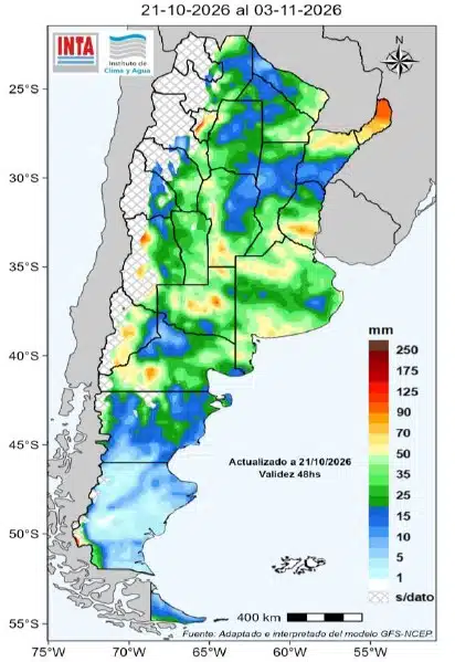 Mapa del INTA con el pronóstico de lluvias acumuladas en Argentina hasta comienzos de noviembre de 2026. Se observan precipitaciones en gran parte del país, con diferentes intensidades según la región
