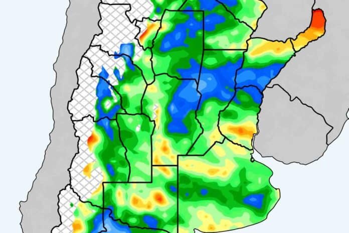 pronostico-lluvias-argentina-noviembre-2026-mapa-inta Mapa de precipitaciones previstas en Argentina hasta comienzos de noviembre de 2026, con lluvias distribuidas en Cuyo, la región Pampeana y el noreste del país.