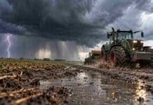 Pronóstico del 16 al 18 de octubre: llegan lluvias y tormentas el viernes y mejora el tiempo hacia el domingo Tractor trabajando sobre un camino rural embarrado bajo una tormenta con lluvias intensas y relámpagos en un campo