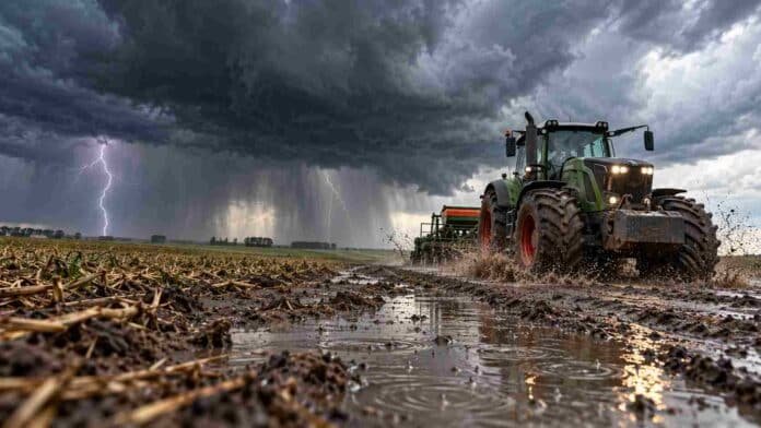 Tractor trabajando sobre un camino rural embarrado bajo una tormenta con lluvias intensas y relámpagos en un campo