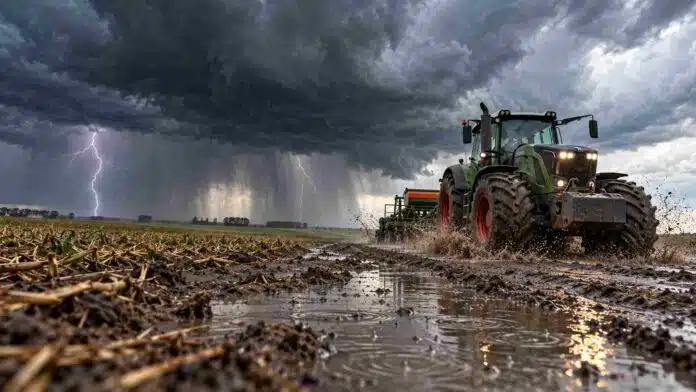 Tractor trabajando sobre un camino rural embarrado bajo una tormenta con lluvias intensas y relámpagos en un campo