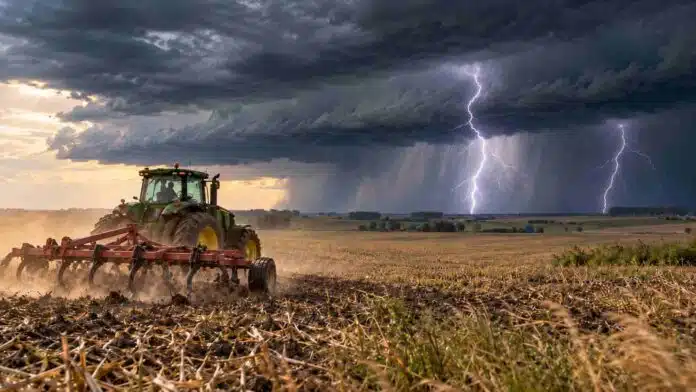Tractor agrícola trabajando el suelo con un cincel bajo un frente de tormenta, con dos relámpagos, nubosidad intensa y lluvias en el horizonte rural argentino.
