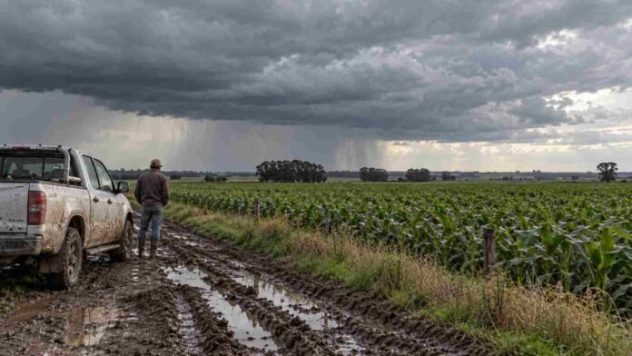 pronostico-tormentas-campo-argentino-ruralnet Productor junto a una camioneta sobre un camino rural embarrado, mientras una tormenta avanza sobre un lote agrícola en Argentina.