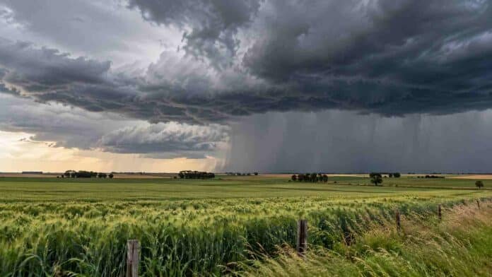 Tormenta sobre campos agrícolas con nubarrones oscuros y cortinas de lluvia durante el pronóstico agropecuario del 31 de octubre al 2 de noviembre en Argentina.