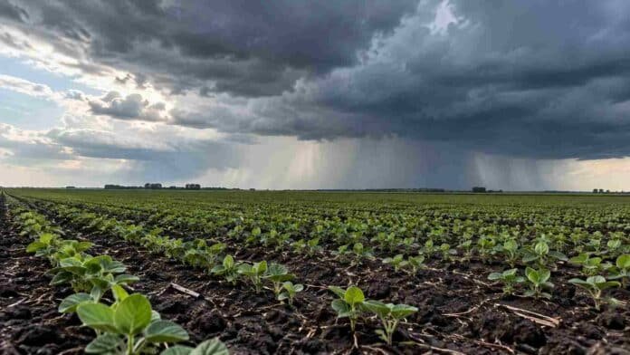pronostico-tormentas-cultivo-emergente-30-octubre-1-noviembre-ruralnet Cultivo de soja en emergencia bajo nubes de tormenta y cortinas de lluvia en un campo agrícola argentino.
