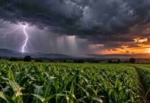 Pronóstico del 29 al 31 de octubre: tormentas fuertes en el NOA y temperaturas de hasta 34 °C Tormenta eléctrica con un relámpago sobre un campo agrícola y un molino rural, bajo un cielo oscuro con lluvias intensas en el horizonte.
