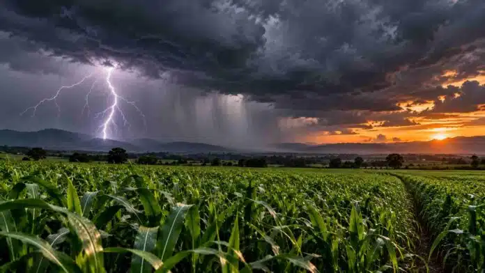 pronostico-tormentas-relampago-molino-29-31-octubre-ruralnet Tormenta eléctrica con un relámpago sobre un campo agrícola y un molino rural, bajo un cielo oscuro con lluvias intensas en el horizonte.