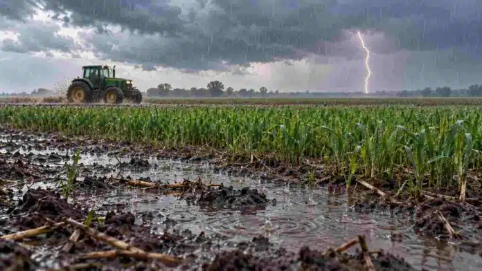 pronostico-trimestral-lluvias-octubre-diciembre-2026 Tractor en movimiento bajo la lluvia junto a un campo cultivado, con charcos en primer plano y un relámpago al fondo