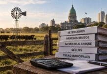 Reforma tributaria: la Rural de Rosario reclama un acuerdo entre Nación, provincias y municipios Carpetas con impuestos agropecuarios, retenciones, Ingresos Brutos y tasas municipales, junto a una calculadora y un campo ganadero argentino de fondo.