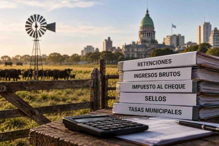 Carpetas con impuestos agropecuarios, retenciones, Ingresos Brutos y tasas municipales, junto a una calculadora y un campo ganadero argentino de fondo.