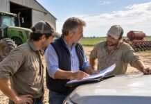 RENATRE: aprueban un plan de pago de deudas con hasta 12 cuotas y quitas del 50% en intereses Productor agropecuario revisa documentación junto a dos trabajadores rurales en un establecimiento agrícola argentino, con un tractor y maquinaria de siembra de fondo.
