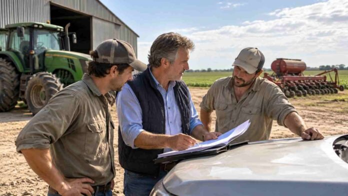 renatre-plan-pago-empleadores-rurales-2026-ruralnet Productor agropecuario revisa documentación junto a dos trabajadores rurales en un establecimiento agrícola argentino, con un tractor y maquinaria de siembra de fondo.