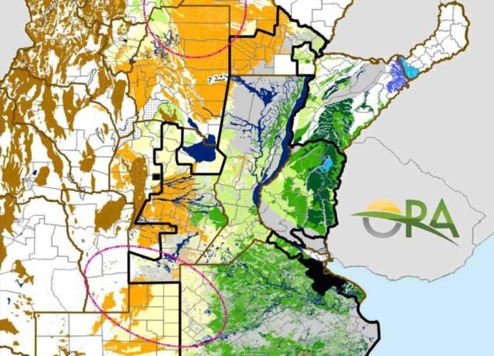 Mapa de la Oficina de Riesgo Agropecuario (ORA) sobre las reservas de agua en el suelo de la región agrícola argentina, con diferencias de humedad entre la zona núcleo, Córdoba, La Pampa y Buenos Aires.
