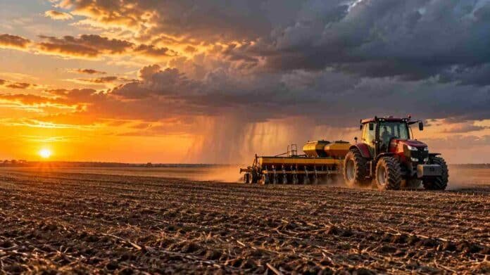 siembra-girasol-2026-27-lluvias-sur-agricola-ruralnet Tractor con sembradora trabajando en un campo sin cultivos, bajo un cielo de tormenta con lluvias en el horizonte, durante la campaña de girasol 2026/27 en Argentina.