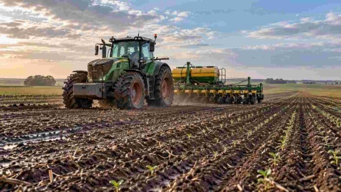 siembra-girasol-campana-2026-2027-ruralnet Tractor con sembradora trabajando en un lote agrícola, en una jornada de siembra con suelo húmedo tras las lluvias.
