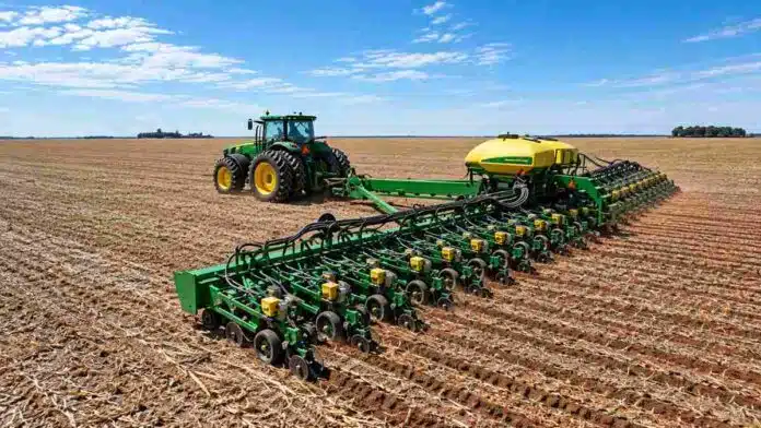Tractor con sembradora trabajando sobre un lote agrícola durante la implantación de maíz.