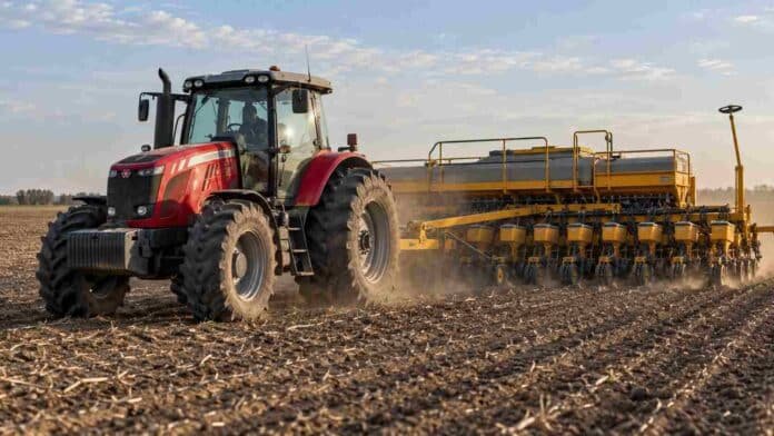 Tractor Massey Ferguson sembrando maíz con una sembradora de granos gruesos Agrometal en un campo agrícola de Argentina, durante la campaña de siembra.