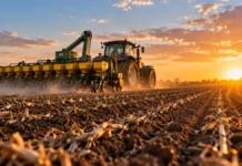 Maíz 2026/27: la siembra llegó al 47,3% y mantiene una fuerte ventaja interanual Tractor agrícola con sembradora de múltiples líneas realizando la siembra de maíz en un lote con rastrojos, durante el atardecer.