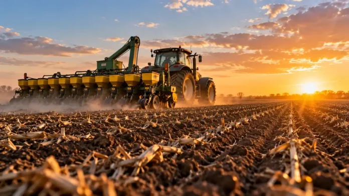 Tractor agrícola con sembradora de múltiples líneas realizando la siembra de maíz en un lote con rastrojos, durante el atardecer.