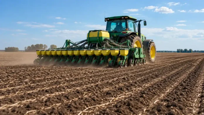 siembra-soja-tractor-sembradora-ruralnet Tractor agrícola con sembradora de granos trabajando en un lote durante la siembra de soja en Argentina, con suelo preparado y surcos de cultivo.