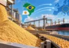 Soja argentina: la Unión Europea abre una oportunidad de exportación frente a Brasil en 2027 Harina de soja en una terminal agroexportadora con un buque carguero y una representación de las rutas comerciales de Argentina y Brasil hacia la Unión Europea.