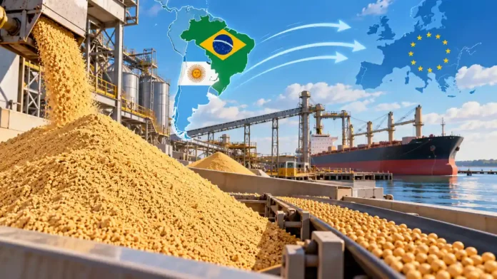 Harina de soja en una terminal agroexportadora con un buque carguero y una representación de las rutas comerciales de Argentina y Brasil hacia la Unión Europea.