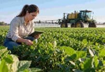 Argentina autorizó una nueva soja transgénica tolerante a herbicidas Técnica inspecciona un cultivo de soja mientras una pulverizadora trabaja en el lote, en una imagen ilustrativa de una nueva soja genéticamente modificada tolerante a distintos herbicidas.