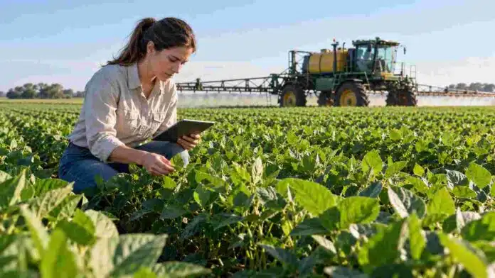 Técnica inspecciona un cultivo de soja mientras una pulverizadora trabaja en el lote, en una imagen ilustrativa de una nueva soja genéticamente modificada tolerante a distintos herbicidas.