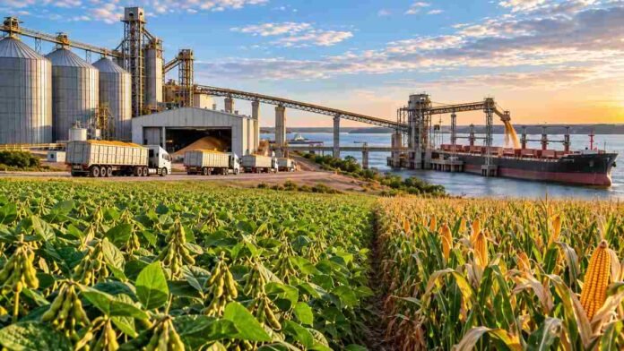 soja-maiz-puerto-exportacion-granos-ruralnet Cultivos de soja y maíz frente a una terminal portuaria de granos, con silos, camiones y un buque carguero durante una operación de exportación.