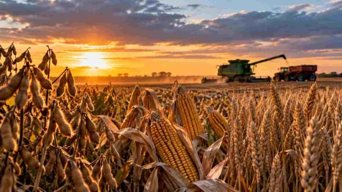 soja-maiz-trigo-mercado-granos-ruralnet Cultivos de soja, maíz y trigo en un campo durante la cosecha, con maquinaria agrícola trabajando al atardecer.