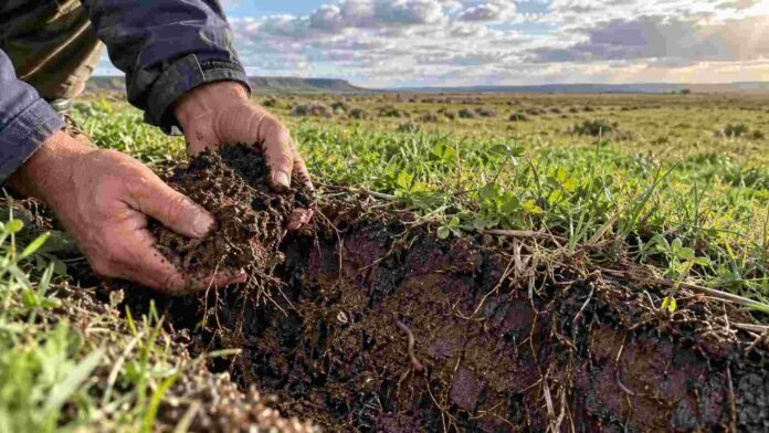 suelo-patagones-actividad-biologica-lluvias-ruralnet Manos examinando un suelo húmedo con raíces y lombrices en Patagones, donde las lluvias reactivaron la actividad biológica tras años de sequía.