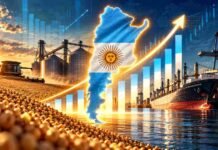 Superávits gemelos: Argentina acumuló US$ 18.380 millones de saldo comercial Ilustración de estilo editorial sobre la economía argentina, con mapa del país, silos, cosecha, buque de carga, gráficos ascendentes y símbolos de crecimiento vinculados al agro y las exportaciones.