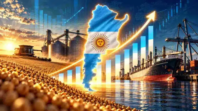 Ilustración de estilo editorial sobre la economía argentina, con mapa del país, silos, cosecha, buque de carga, gráficos ascendentes y símbolos de crecimiento vinculados al agro y las exportaciones.
