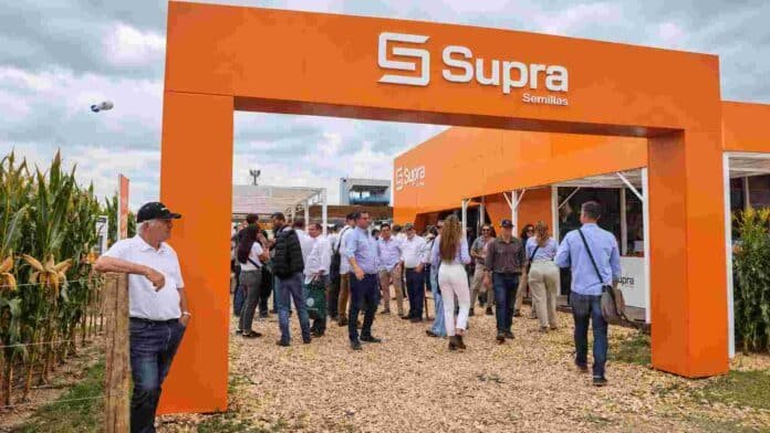 Stand de Supra Semillas durante una jornada técnica vinculada al cultivo de maíz, con productores y asesores recorriendo el espacio.