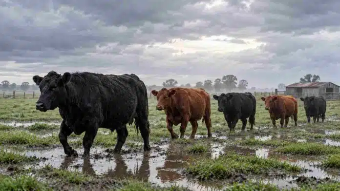 tiempo-inestable-3-5-octubre-ganado-campo-encharcado-ruralnet Ganado bovino caminando sobre una pastura con charcos y barro bajo un cielo cubierto de nubes.