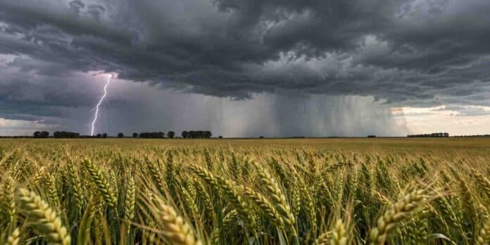 Tormenta eléctrica sobre un campo de trigo en etapa de llenado de granos, con un relámpago, nubes oscuras y cortinas de lluvia sobre el paisaje agrícola argentino