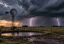 Pronóstico para martes, miércoles y jueves: tormentas fuertes en tres provincias y lluvias en la región Pampeana Molino rural junto a una aguada bajo un cielo de tormenta con dos relámpagos sobre un campo argentino.