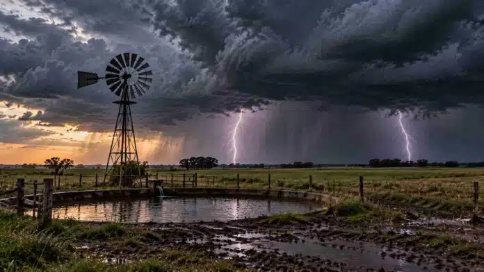 Molino rural junto a una aguada bajo un cielo de tormenta con dos relámpagos sobre un campo argentino.