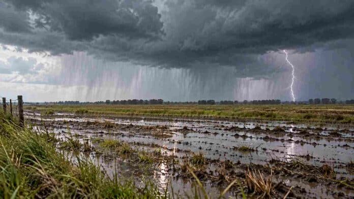 tormenta-relampago-campo-encharcado-2-octubre Campo encharcado con rastrojos bajo nubes de tormenta, cortinas de lluvia y un relámpago en el horizonte.
