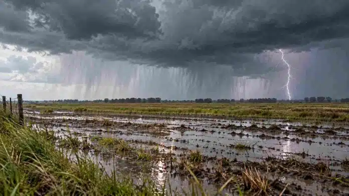 Campo encharcado con rastrojos bajo nubes de tormenta, cortinas de lluvia y un relámpago en el horizonte.