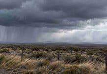 Tormentas con granizo y nevadas de hasta 30 cm amenazan a cuatro provincias Tormenta intensa sobre un paisaje rural de la Patagonia, con nubes oscuras, cortinas de lluvia y pastizales sacudidos por el viento.